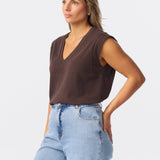 V Neck Cap Sleeve Jersey Tank - Bitter Chocolate