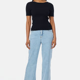 Short Sleeve Boat Neck Knit Top - Black