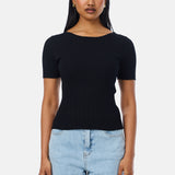 Short Sleeve Boat Neck Knit Top - Black