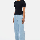 Short Sleeve Boat Neck Knit Top - Black