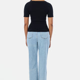 Short Sleeve Boat Neck Knit Top - Black