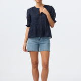 Pintuck Short Sleeve Top - Navy