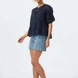 Pintuck Short Sleeve Top - Navy
