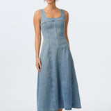 Denim Panelled Midi Dress - Mid Blue Wash