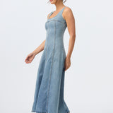 Denim Panelled Midi Dress - Mid Blue Wash