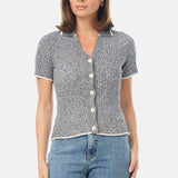 Short Sleeve Buttoned Knit Top - Navy Marl
