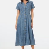 Denim Short Sleeve Midi Dress - Mid Blue Wash