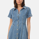 Denim Short Sleeve Midi Dress - Mid Blue Wash