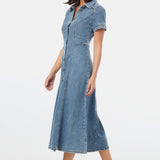 Denim Short Sleeve Midi Dress - Mid Blue Wash