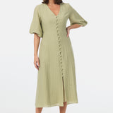 Gathered Sleeve Midi Dress - Sage