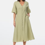 Gathered Sleeve Midi Dress - Sage