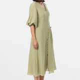 Gathered Sleeve Midi Dress - Sage