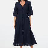 Gathered Sleeve Midi Dress - Navy