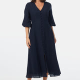 Gathered Sleeve Midi Dress - Navy