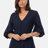 Gathered Sleeve Midi Dress - Navy