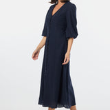 Gathered Sleeve Midi Dress - Navy