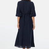 Gathered Sleeve Midi Dress - Navy