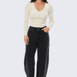 V Neck Long Sleeve Knit Top - Ecru