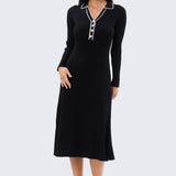 Half Placket Long Sleeve Knit Dress - Black