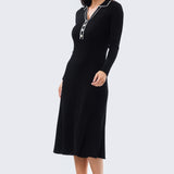 Half Placket Long Sleeve Knit Dress - Black