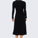 Half Placket Long Sleeve Knit Dress - Black