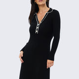 Half Placket Long Sleeve Knit Dress - Black