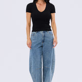 V Neck Short Sleeve Knit Top - Black