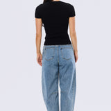 V Neck Short Sleeve Knit Top - Black