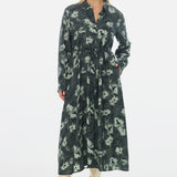 Long Sleeve Shirt Dress - Emerald Blurred Floral