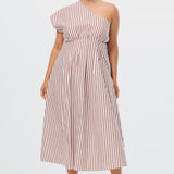 One Shoulder Dress - White/Brick Stripe