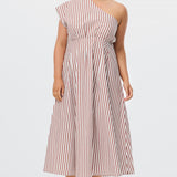 One Shoulder Dress - White/Brick Stripe