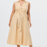 Sleeveless Belted Shirt Dress - Apricot