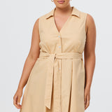 Sleeveless Belted Shirt Dress - Apricot