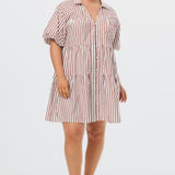 Tiered Short Dress - White/Brick Stripe