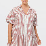 Tiered Short Dress - White/Brick Stripe