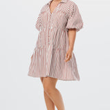 Tiered Short Dress - White/Brick Stripe