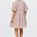 Tiered Short Dress - White/Brick Stripe