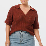 Crochet Fold Collar Knit - Brick Red