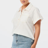 Half Placket Pocket Top - White