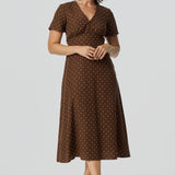 V Neck Short Sleeve Dress - Walnut/White Spot (Pre Order)