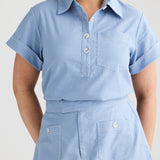 Half Placket Pocket Top - Cornflower Blue