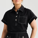 Half Placket Pocket Top - Black