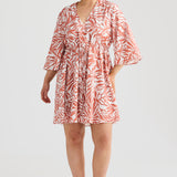 Long Sleeve Wrap Mini Dress - Terracotta Stencil