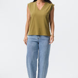 V Neck Cap Sleeve Jersey Tank - Olive