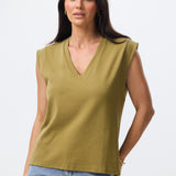 V Neck Cap Sleeve Jersey Tank - Olive