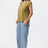 V Neck Cap Sleeve Jersey Tank - Olive