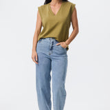 V Neck Cap Sleeve Jersey Tank - Olive