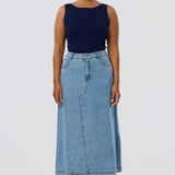 Denim A-Line Midi Skirt - Mid Blue Wash (Pre Order)