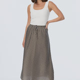 Elastic Waist Midi Skirt - Dark Olive Stripe