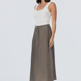 Elastic Waist Midi Skirt - Dark Olive Stripe